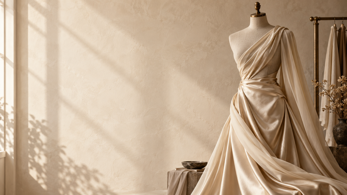Champagne fabric draped on a mannequin in a warm ivory atelier